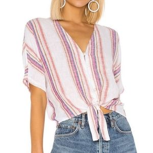 Anthropologie Cloth & Stone Rainbow Striped Button Front Tie Linen Top